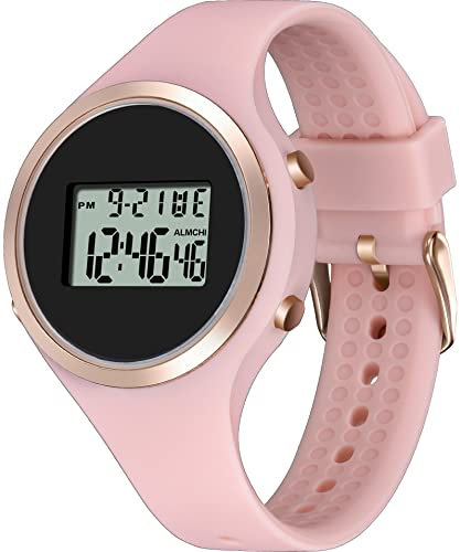 findtime Digital Damenuhr 5ATM wasserdichte Armbanduhren Damen Sport Digital Uhren mit Silikon Armband Stoopuhr Alarm Datum Beleuchtung Armbanduhr für Frauen Mädchen Rosa Schwarz