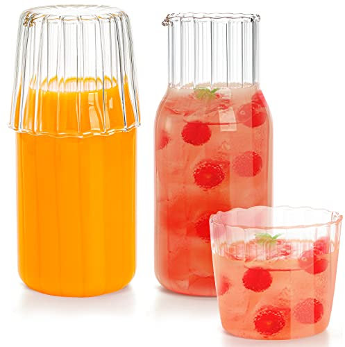 Hacaroa 2 Stück Nachttisch-Wasserkaraffe mit 2 Stück Trinkglas, 530 ml Nachttisch-Wasserkaraffe und Glas-Set, Klarer Wasserkrug und Tasse Nachtset für Schreibtisch, Schlafzimmer, Bad, Tasse 240 ml