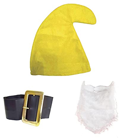 jokeshop Sieben Zwerge / Zwerge Schlumpf Set (Gelber Hut, Bart und Gürtel) Gartenzwerg Kostüm für Erwachsene
