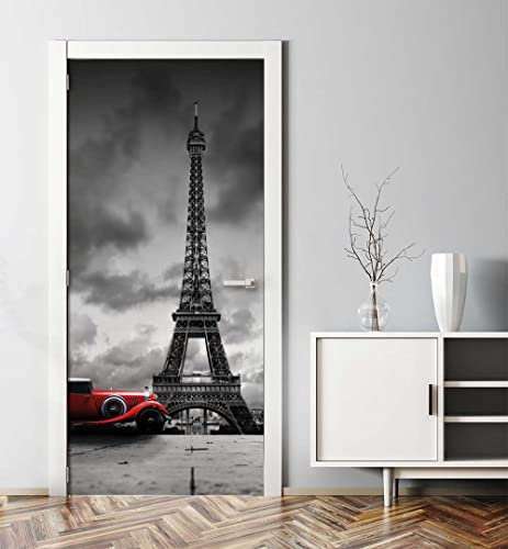MyMaxxi - Tür bekleben mit Türtapete Türposter Türfolie Selbstklebend 90x200 Auto in Paris - Tür verschönern Türaufkleber Türklebefolie Stadt Kultur Eiffelturm schwarz weiß