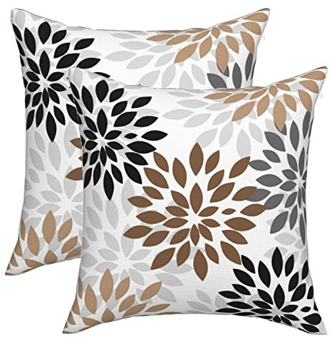 Braun/Schwarz/Grau/Dahlien-Kissenbezüge, 45,7 x 45,7 cm, Kaffeegrau, geometrische Blumen-Wurfkissen, 2 Stück, Sommer-Blumenmuster, dekorativer Kissenbezug für Zuhause, Couch, Bett, Sofa, Dekor