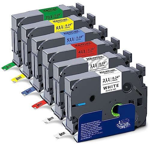 6x XemaX Kompatibel Schriftband Ersatz für Brother P-touch Bänder TZe-211 TZe-111 TZe-411 TZe-511 TZe-611 TZe-711 6 mm Etikettenband für Brother P-Touch H105 1010 H100R H110 H101C H100LB H200 D400