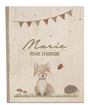 Personalisierte Zeugnismappe aus Birkenholz - Individuelles Geschenk zur Einschulung mit Namen - DIN A4 - Zeugnisringbuch Mädchen & Jungen - hellomini (Fuchs)