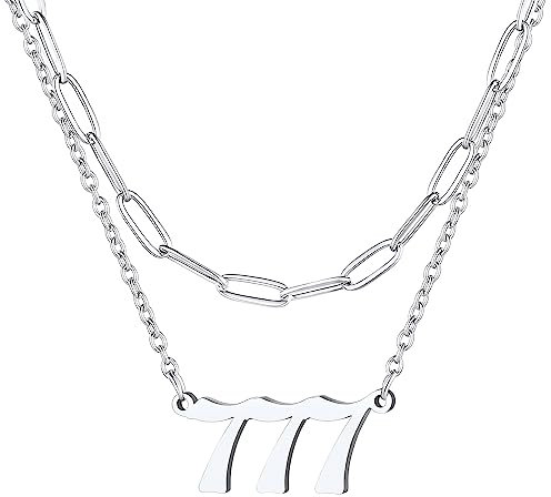FindChic Silber Engel Nummer Anhänger Layering Halskette 777 Damen Mädchen Engelszahl Halskette Freundschaftskette Nummerkette für Valentinstag Geburtstag