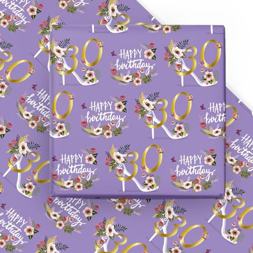 WRAPAHOLIC Geschenkpapier zum 30. Geburtstag – 6 Bögen elegante High Heels mit floralem Design, flach gefaltet, für Geburtstag, Party, Babyparty, 50 x 70 cm pro Blatt
