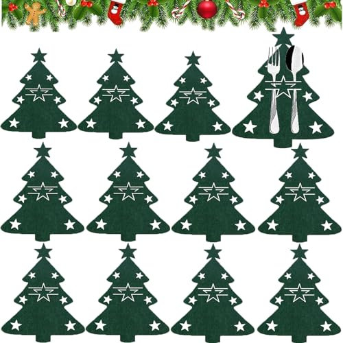 12 PCS Porta Cubiertos Navideños, Bolsa Cubiertos Navidad,Bolsas para Cubiertos de Navidad en Forma de árbol de Navidad,Bolsita para Cubiertos de Navidad, para Decoración Mesa de Navidad (B)