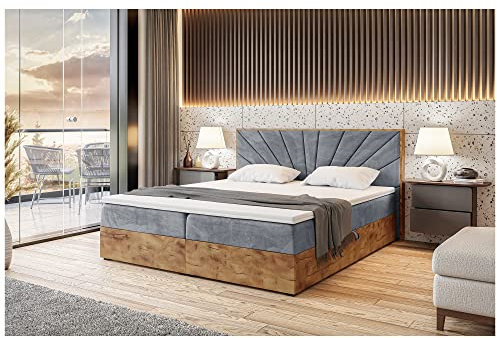 MEBLINI Boxspringbett mit Bettkasten - Gepolstert Doppelbett mit Matratze und Topper - Polsterbett mit Stauraum - Bett mit Kopfteil - Stauraumbett - Lofty 7-200x220 - H3/Grau Samt
