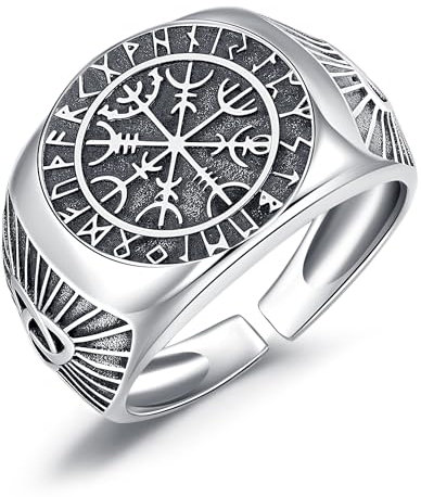Herren Ringe Wikinger Vegvisir Ringe 925 Sterling Silber Wikinger Runen Ring Kompass Fingerring Wikinger Schmuck für für Herren Damen