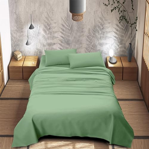 IlGruppone Completo Letto 100% Puro Cotone Set Lenzuola Tinta Unita Lenzuolo Sotto Sopra e Federe Copri Cuscini Biancheria Da Letto - Verde - Una piazza e mezza