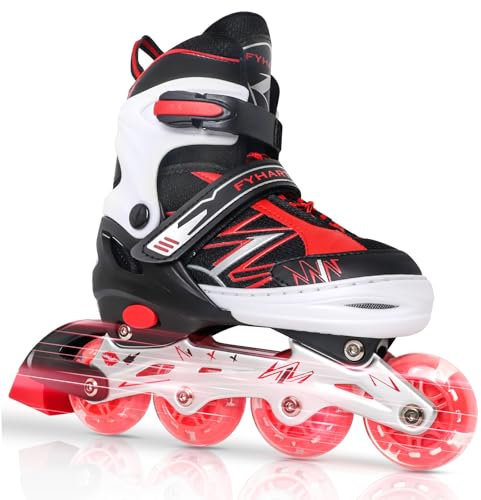 LOKJIJI Einstellbare Inline Skates für Kinder Mädchen Jungen Anfänger, Schwarz & Rot Inline Skates mit Light Up Räder für Kinder und Jugendliche für drinnen draußen Sport (Large)