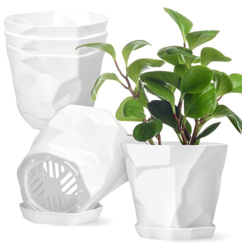 Fuyuleyo 17CM Plant Pots Indoor, 5 Pack White Plastic Plant Pots Irregularly Shaped Flower Pots with Drainage Hole and Tray, Plant Planter Pot for Indoor Outdoor Garden House Plants