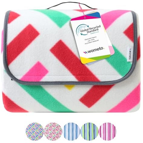 wometo eco-line nachhaltige Picknickdecke wasserdicht 200x200 100% recyceltes Fleece GRS Zertifiziert XXL Outdoor Campingdecke Stranddecke Grafik pink Mint isoliert waschbar