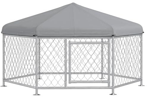 PawHut Chenil pour Chien extérieur, enclos Chien extérieur, 210 x 185 x 120 cm, avec Toit imperméable et Protection UV, Porte verrouillable, Acier grillagé, Argent