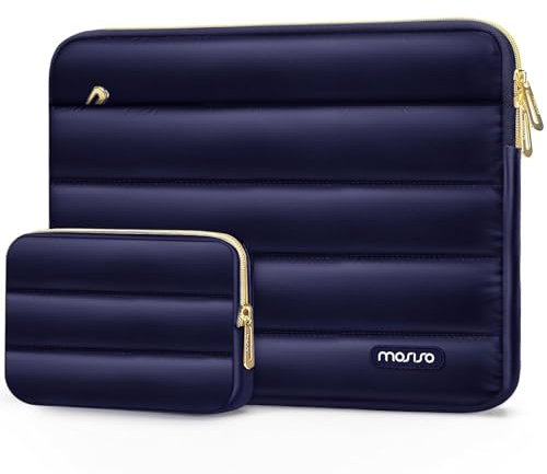 MOSISO Housse Ordinateur Portable 13-14 Pouces Femmes Hommes Brillant Puffy Pochette Transport 13,3 Pouces,Compatible avec MacBook Air 13/Pro 13/Pro 14,Housse Horizontal avec Petit Sac,Bleu Marin