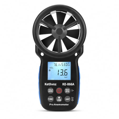 Handheld Anemometer Windspeed Meter 40m/s, Kethvoz CFM Wind Gauge with Thermometer Measure Wind Speed Force Air Volume Temperature w/MAX/MIN/AVG for HVAC Climbing Drone Flying Shooting Sailing KE-866A