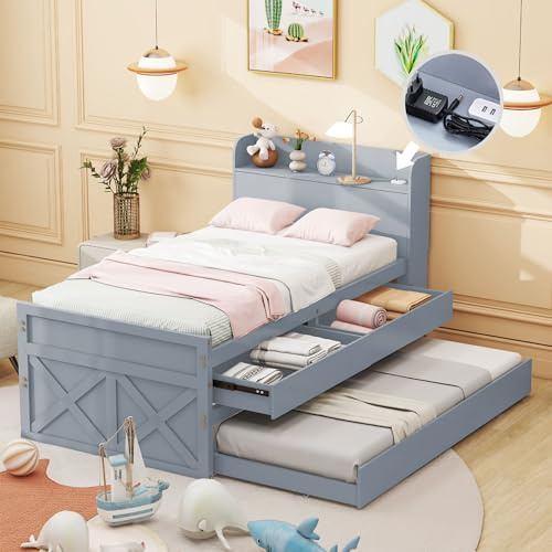YCYDHDM Einzelbett 90 x 200 cm mit Ausziehbett und 2 Schublade, Kinderbett Holzbett mit U-SB-Buchse und Schließfächer, Bettgestell aus Massivholz, für Kinderzimmer, Ohne Matratze, Grau