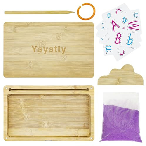 Yayatty Bacs à Sable en Bois Montessori avec Couvercle, Montessori Plateau de Sable, Table de Sable Educative Jouet avec Pourpre Sable, Stylo pour Les Enfants Ecriture Lettres et Chiffres, Dessin