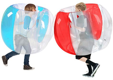 2 Stück Lawn Bumper Balls, Kinder Hinterhof Spiele Erwachsene Patio Bälle, Spielplatz Bälle Rasen Ballons, große aufblasbare Sommer Outdoor-Spielzeug (Transparent rot + blau, 90CM)