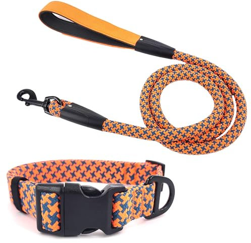 Pawhuggies Reflektierendes Hundehalsband und Leine, verstellbar, gepolstert, für Welpen, atmungsaktives Nylon-Halsband für Hunde, 152 cm, flach, orangefarbenes Karomuster, Größe L