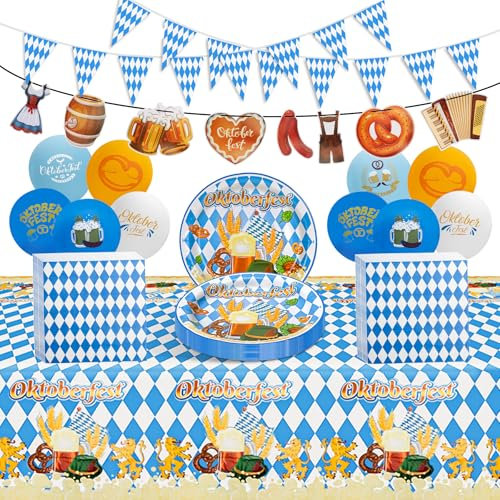 Oktoberfest Deko Set, 20 Gäste Bayrische Dekoration Partyzubehör 20 Große Papptellern + 20 Servietten + 10 Luftballons + 2.2m Wimpelkette + 3m Oktoberfest Banner + 1 Tischdecken