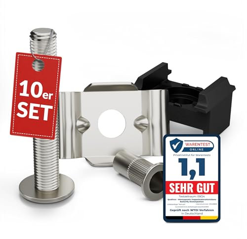 Qualinos 10x hochwertige Doppelstabmattenzaun Befestigung: Butterfly, Schraube, Nietmutter aus V2A und UV- stabilisierter Klemmbock, Farbe Anthrazit 7016. Klemmlasche und Zaunhalter Made in Germany