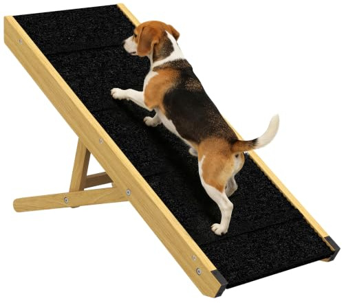 PawHut Hunderampe Faltbar für Bett & Couch 83,5 cm Natur Haustierrampe | 4 Einstellbare Höhen von 24 bis 47,5 cm, Rutschfester Teppich, Hundetreppe, für Kleine, Mittelgroße Hunde