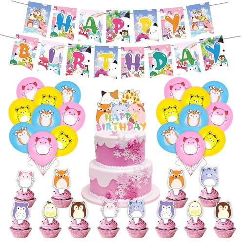 32PCS Birthday Party Decorations With Happy Banner, Cake Topper, Latex Balloons, Cupcake Toppers for Kids Baby Shower Theme Supplies