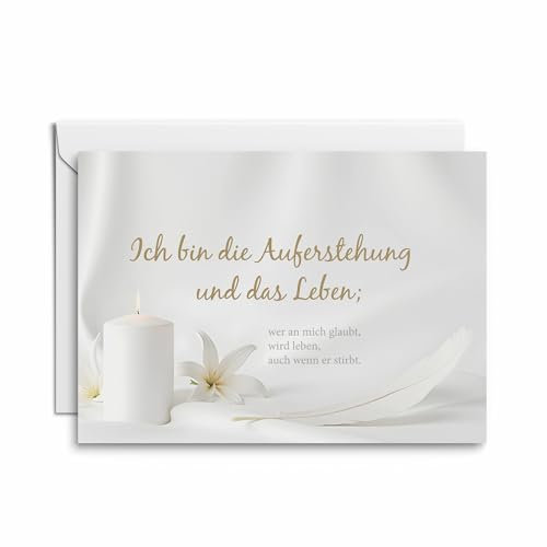 Kartenkaufrausch Trauerkarte „Ich bin die Auferstehung und das Leben“, mit Feder, Lilien und Kerze, ideal für Mitgefühl und Beerdigung