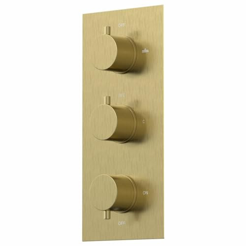 Architeckt® Thermostatic Bathroom Shower Mixer Valve Concealed Triple Outlet Wall Mounted Round Controls Diverter Modern, Brushed Brass