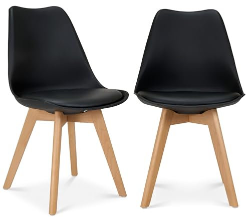 Bravich Set of 2 Rocco Dining Chairs - Black. Faux Leather Upholstered Dining Chair With Natural Wooden Legs, Cushion Pad Seat & Back Support For Kitchen Table- 42 x 42 x 81cm.