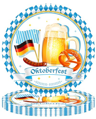 QckZee 20 Stück Oktoberfest Pappteller – Bayerische Einweg Teller 7 Zoll – Blau Weiß Deko mit Rautenmuster – Tischdeko Oktoberfest & Wiesn Party Dekoration Zubehör
