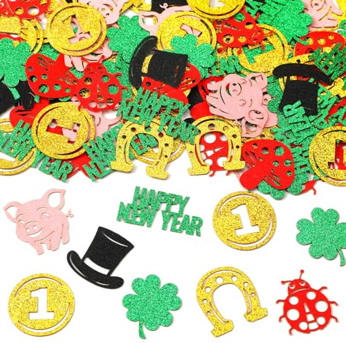 MARFOREVER Glücksbringer Streudeko Silvester Deko 2026, Konfetti Silvester mit Glitzer, Glücksschwein Kleeblatt Glücksbringer, Silvester Tischdeko für Neujahrsparty