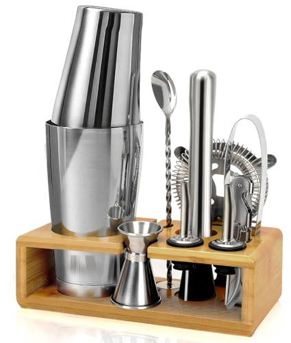 GANGANWU 10-Piece Cocktail Shaker Set with Wooden Stand, 750ml Stainless Steel Bartender Kit, Professional Bartender Kit for Home Bar, Cocktail Making Kit Gift for Bar