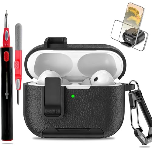 Compatible with AirPods Pro 2 Case with Lock Phone Holder Function AirPods Pro 1st / 2nd Generation Protection Cover for Women and Men with Carabiner & Cleaner Kit (Black)