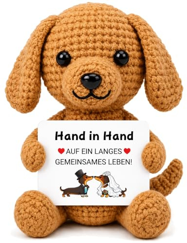 MOAZIFI Hochzeit Geschenke für Brautpaar, Gehäkelter Dackel mit Liebeskarte Hand in Hand, Geschenke zur Hochzeit, Geschenk für Paare Frauen Männer Junge Mädchen Jahrestag