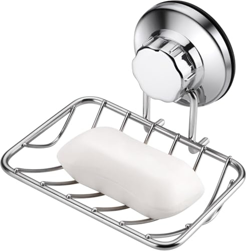 ARCCI Stainless Steel Soap Holder for Shower Wall – Strong Vacuum Suction Cup Soap Dish, Rustproof Wall Mounted Square Tray for Soap & Sponge, No Drilling – for Bathroom, Kitchen Sink, Chrome