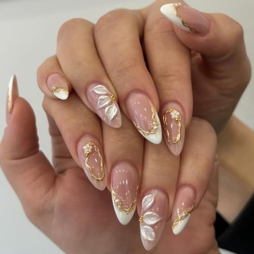 24 Stück Press on Nails Mandel Fingernägel Nägel - Nude Kunstnägel zum aufkleben 3D Weiß Farben Blume Design mit Golden Line, Glossy Full Cover Fake Nagel - Geeignet Frauen DIY Sommer Alltag Maniküre