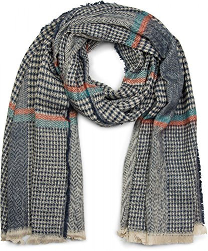 styleBREAKER breiter XXL Schal mit Fischgrät Karo Muster, Zierstreifen und Fransen, Strickschal, Unisex 01017027, Farbe:Blau
