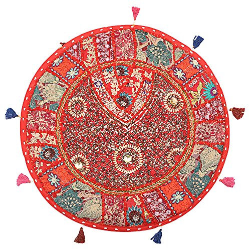 Stylo Culture Ethnisch Rund Bodensitzkissen Yoga 55 x 55 cm Dekorativ Bodenkissenbezug Boho Vintage Rot Bohemien Patchwork Seat Lounge Baumwolle Bestickt Rundkissen Orientalisch