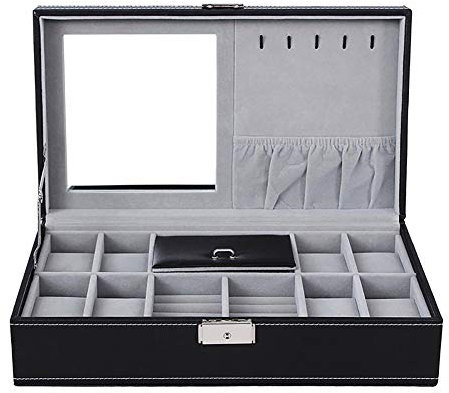 Naturer Schwarz Uhrenbox Brillenbox mit schmuckkasten Leder für Herren und Damen- Etui mit 8 Fächern für Uhren und 1 für Brille-Organizer für Uhren und Brillen Schmuck
