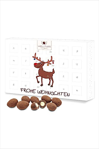 WELLNUSS Adventskalender,Weihnachtsfreude“ – 24 edle Kakao-Trüffelmandeln I Premium Weihnachts-Geschenk für Eltern, Kollegen, Chef, Freunde I Feinkost Geschenkidee mit weihnachtlichem Rentier-Motiv