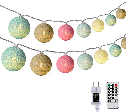 DeepDream Baumwollkugeln Lichterkette, 5M 20 LED Dimmbar Cotton Ball Lichterkette, LED Kugeln Lichterkette Innen mit Fernbedienung und Timer für Kinderzimmer Weihnachten Hochzeit Party (Bunt)