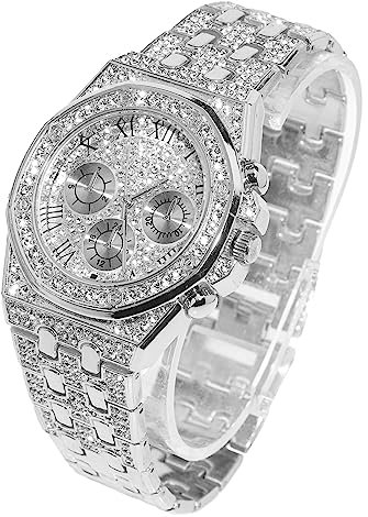 Halukakah Diamant Golduhr Iced Out, Männer Platin Weißgold Plattiert 20mm Breite Quarz Armband 22cm, Kommt mit Geschenkbox