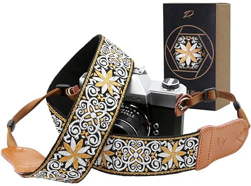Padwa Lifestyle Sangle Appareil Photo - Extrémités en Cuir de Vachette Ddouble Couche,Sangle D'appareil Photo en Coton Brodé de 2,Bandoulière Photographe Réglable Pour Tous Les Appareils Photo DSLR
