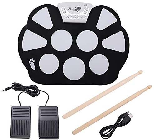 Kit de Batterie Enroulable, Ensembles de Batterie Électrique pour Adultes, Kit de Batterie Enroulable Pad Batterie Électrique Portable à 9 Pads avec Bâtons, Pédale et Câble USB pour Enfants