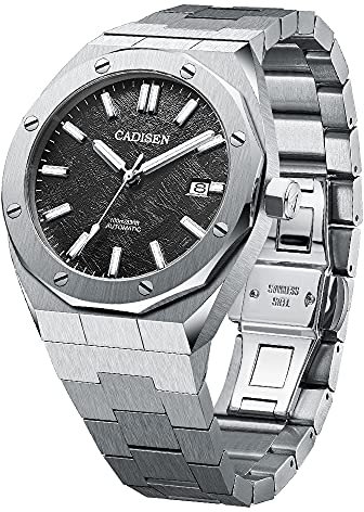 CADISEN Mechanische Automatik Uhr Herren Mit Gangreserve Wasserdicht Saphirglas Uhren männer (Schwarzer Meteorit Textur)