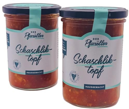 DER PFARÖLLER Hausgemachter Schaschliktopf 2 Gläser mit jeweils 400 gr. – Fleisch-Gemüse-Schmorgericht im Glas – leckeres Fertiggericht für Topf & Mikrowelle, nachhaltig verpackt