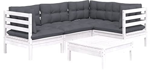 vidaXL 5-TLG. Garten-Lounge-Set mit Kissen Weiß Kiefernholz