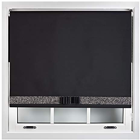 FURNISHED Blackout Roller Blinds Decorative Glitter Fabric & Bow - Trimmable - Black 140W x 165H cm