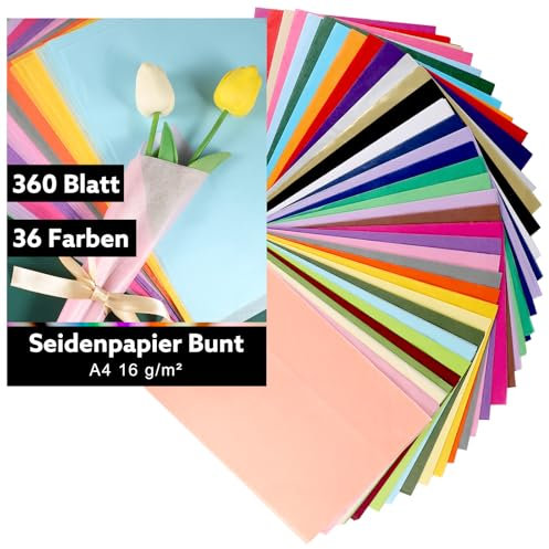 360 Blatt Seidenpapier Bunt Osterdeko, 36 Farben Seidenpapier A4 Tissue Paper Seidenpapier zum Verpacken 16 g/m² Geschenkpapier für Hochzeit Kindergeburtstag DIY Strauß Verpackung